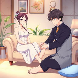 a serene and relaxing anime scene depicting a beautiful young woman enjoying a foot massage, sitting comfortably on a plush sofa in a cozy room with soft lighting