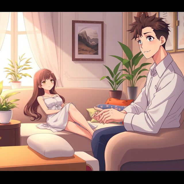 a serene and relaxing anime scene depicting a beautiful young woman enjoying a foot massage, sitting comfortably on a plush sofa in a cozy room with soft lighting