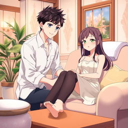 a serene and relaxing anime scene depicting a beautiful young woman enjoying a foot massage, sitting comfortably on a plush sofa in a cozy room with soft lighting