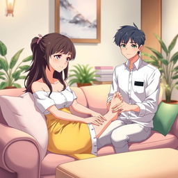 a serene and relaxing anime scene depicting a beautiful young woman enjoying a foot massage, sitting comfortably on a plush sofa in a cozy room with soft lighting