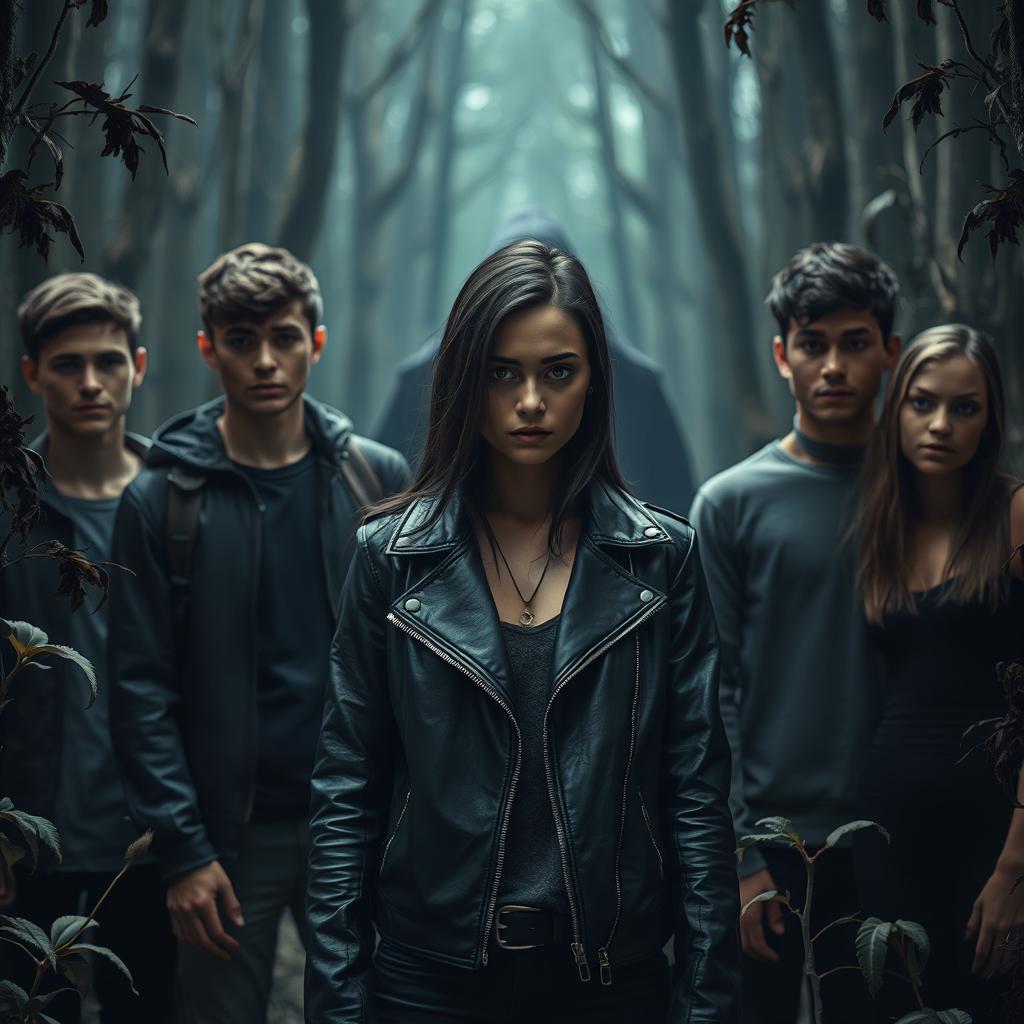 Five young adults, three guys and two girls, are in an ominous forest setting