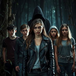 Five young adults, three guys and two girls, are in an ominous forest setting