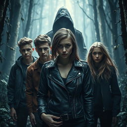 Five young adults, three guys and two girls, are in an ominous forest setting