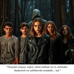 Five young adults, three guys and two girls, are in an ominous forest setting