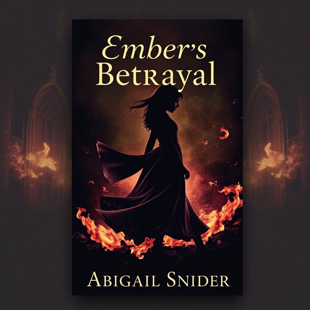 A striking dark historical fiction book cover titled 'Embers of Betrayal' featuring the silhouette of a girl surrounded by swirling embers and flickering ashes, set against a rich, vintage background that hints at historical architecture