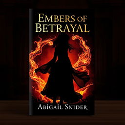 A striking dark historical fiction book cover titled 'Embers of Betrayal' featuring the silhouette of a girl surrounded by swirling embers and flickering ashes, set against a rich, vintage background that hints at historical architecture