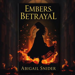 A striking dark historical fiction book cover titled 'Embers of Betrayal' featuring the silhouette of a girl surrounded by swirling embers and flickering ashes, set against a rich, vintage background that hints at historical architecture
