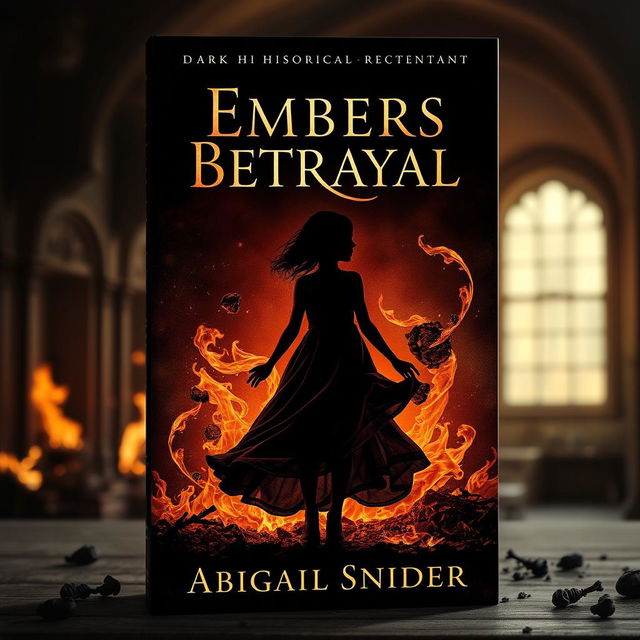 A striking dark historical fiction book cover titled 'Embers of Betrayal' featuring the silhouette of a girl surrounded by swirling embers and flickering ashes, set against a rich, vintage background that hints at historical architecture