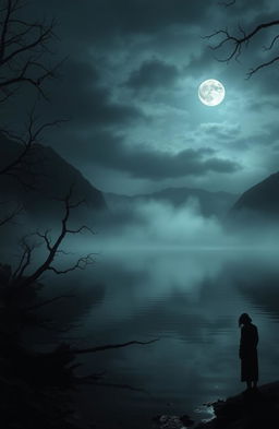 A haunting and eerie lake scene at twilight, shrouded in mist and mystery