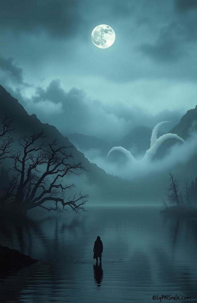 A haunting and eerie lake scene at twilight, shrouded in mist and mystery