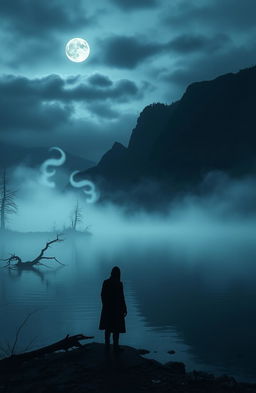 A haunting and eerie lake scene at twilight, shrouded in mist and mystery