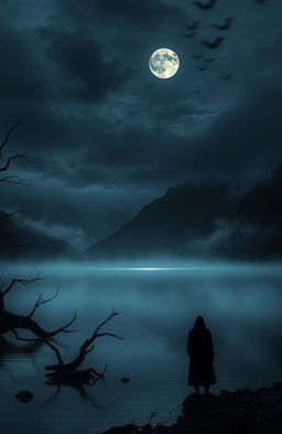 A haunting and eerie lake scene at twilight, shrouded in mist and mystery