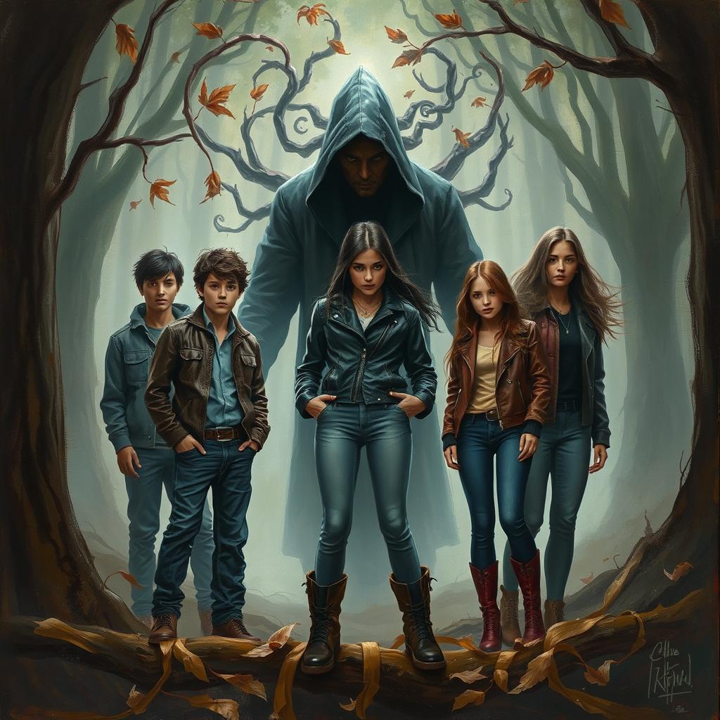 A painted art scene featuring five young adults, consisting of three guys and two girls, positioned in a misty, foreboding forest