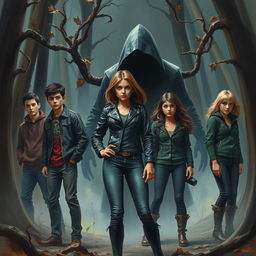 A painted art scene featuring five young adults, consisting of three guys and two girls, positioned in a misty, foreboding forest