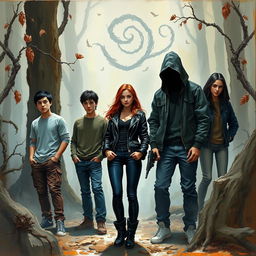 A painted art scene featuring five young adults, consisting of three guys and two girls, positioned in a misty, foreboding forest