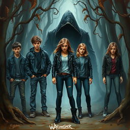 A painted art scene featuring five young adults, consisting of three guys and two girls, positioned in a misty, foreboding forest