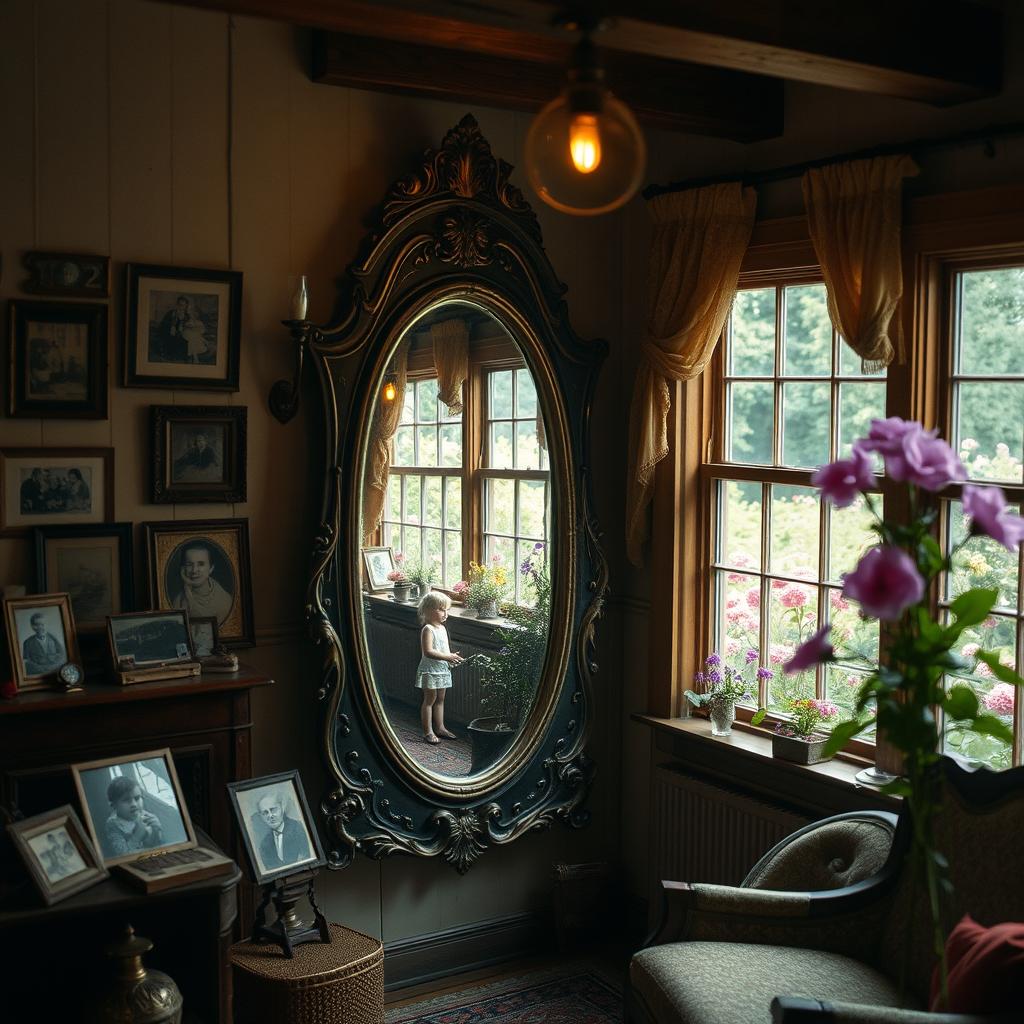 A dreamlike scene featuring an ancient mirror that reflects the past, located in a quaint, nostalgic house