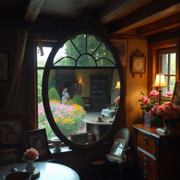 A dreamlike scene featuring an ancient mirror that reflects the past, located in a quaint, nostalgic house