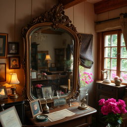 A dreamlike scene featuring an ancient mirror that reflects the past, located in a quaint, nostalgic house
