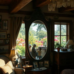 A dreamlike scene featuring an ancient mirror that reflects the past, located in a quaint, nostalgic house