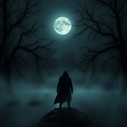 A chilling horror depiction of a dark lake at night, enveloped in thick fog