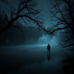 A mysterious horror scene of a secluded lake surrounded by dense, dark woods under a starless night sky