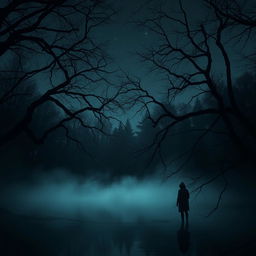 A mysterious horror scene of a secluded lake surrounded by dense, dark woods under a starless night sky