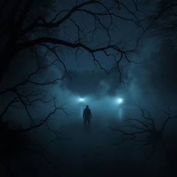 A mysterious horror scene of a secluded lake surrounded by dense, dark woods under a starless night sky