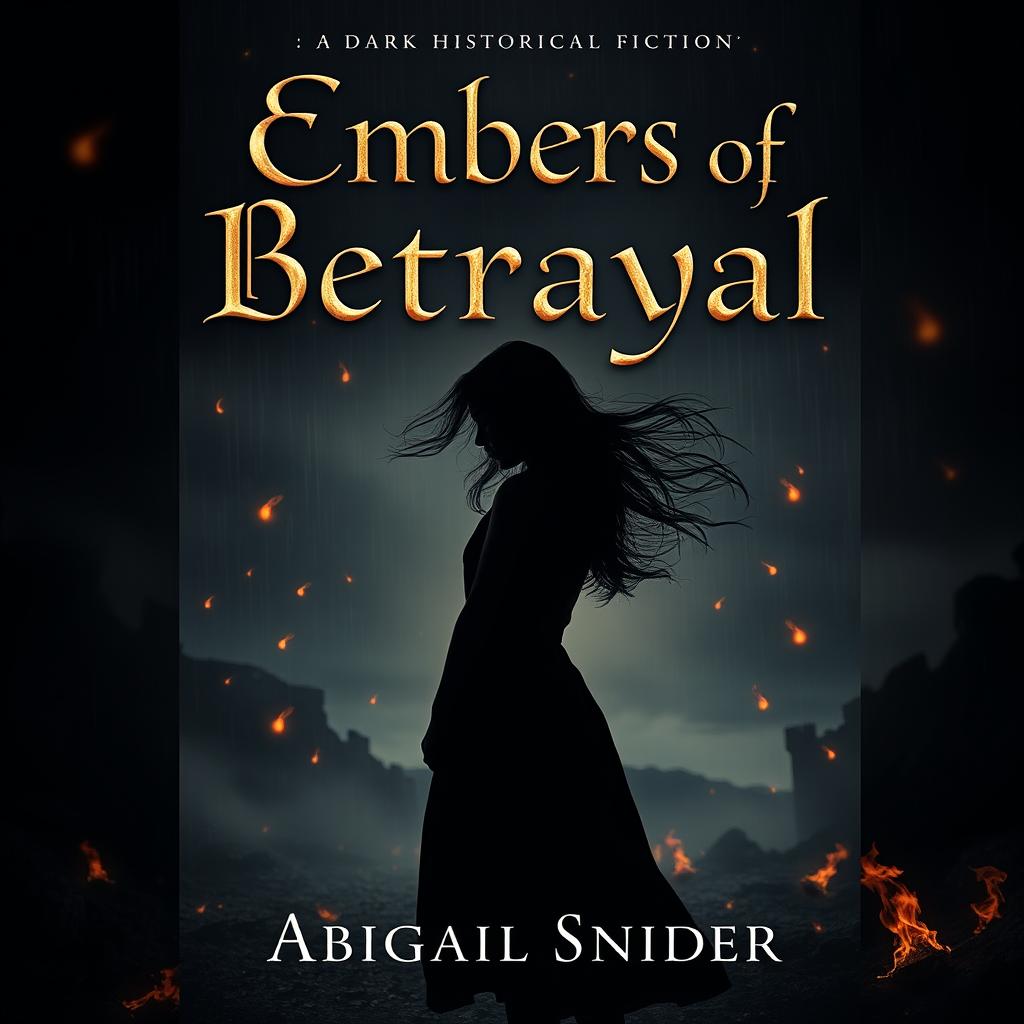 A dark historical fiction book cover titled 'Embers of Betrayal' featuring the silhouette of a girl standing gracefully in the center, with her hair flowing in the wind