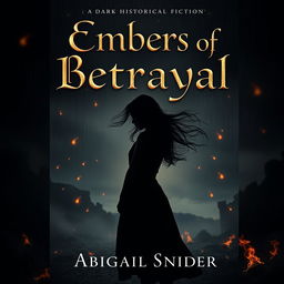 A dark historical fiction book cover titled 'Embers of Betrayal' featuring the silhouette of a girl standing gracefully in the center, with her hair flowing in the wind