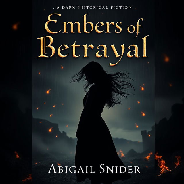 A dark historical fiction book cover titled 'Embers of Betrayal' featuring the silhouette of a girl standing gracefully in the center, with her hair flowing in the wind