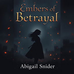 A dark historical fiction book cover titled 'Embers of Betrayal' featuring the silhouette of a girl standing gracefully in the center, with her hair flowing in the wind