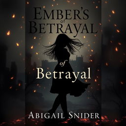 A dark historical fiction book cover titled 'Embers of Betrayal' featuring the silhouette of a girl standing gracefully in the center, with her hair flowing in the wind