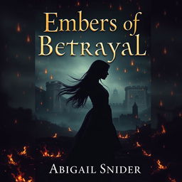 A dark historical fiction book cover titled 'Embers of Betrayal' featuring the silhouette of a girl standing gracefully in the center, with her hair flowing in the wind