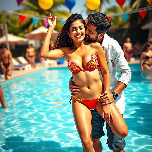 Nushrath Bharucha at a vibrant pool party, dancing playfully in a stylish bikini that highlights her cleavage and navel