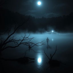 A mysterious horror scene set at 'Danau Cipondoh', an eerie lake surrounded by dense, dark forests