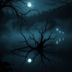 A mysterious horror scene set at 'Danau Cipondoh', an eerie lake surrounded by dense, dark forests