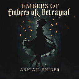 A dark historical fiction book cover titled 'Embers of Betrayal' featuring the silhouette of a girl in a flowing 1950s dress, her figure elegantly outlined against a backdrop of falling embers