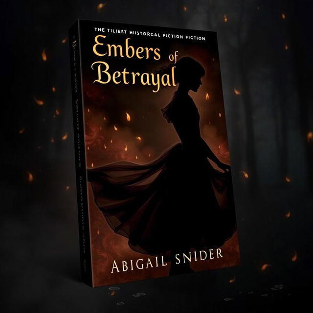 A dark historical fiction book cover titled 'Embers of Betrayal' featuring the silhouette of a girl in a flowing 1950s dress, her figure elegantly outlined against a backdrop of falling embers