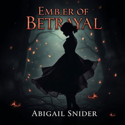 A dark historical fiction book cover titled 'Embers of Betrayal' featuring the silhouette of a girl in a flowing 1950s dress, her figure elegantly outlined against a backdrop of falling embers