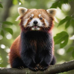 A gargantuan, enchanting red panda with its vibrant and glossy coat, in a serene forest setting with dappled sunlight filtering through the overhead leaves.