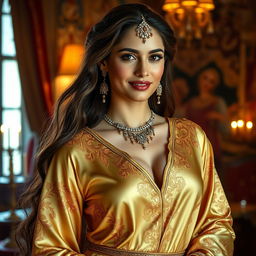 An enchanting Arabian princess adorned in luxurious, flowing silk garments that shimmer under the soft glow of candlelight