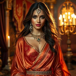 An enchanting Arabian princess adorned in luxurious, flowing silk garments that shimmer under the soft glow of candlelight