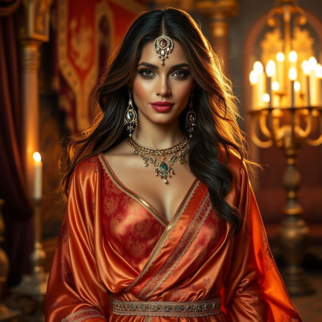 An enchanting Arabian princess adorned in luxurious, flowing silk garments that shimmer under the soft glow of candlelight