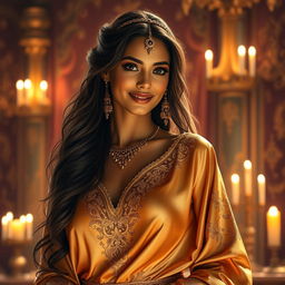 An enchanting Arabian princess adorned in luxurious, flowing silk garments that shimmer under the soft glow of candlelight