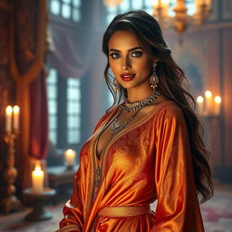 An enchanting Arabian princess adorned in luxurious, flowing silk garments that shimmer under the soft glow of candlelight