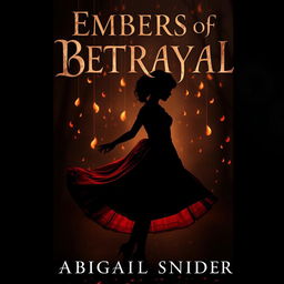 A dark historical fiction book cover titled 'Embers of Betrayal' featuring the silhouette of a girl in a flowing 1950s dress, her figure elegantly outlined against a backdrop of falling embers