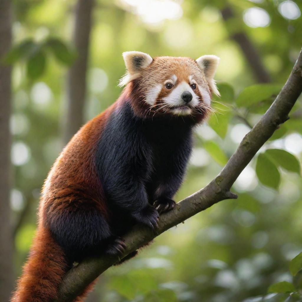 A gargantuan, enchanting red panda with its vibrant and glossy coat, in a serene forest setting with dappled sunlight filtering through the overhead leaves.