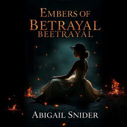 A dark historical fiction book cover titled 'Embers of Betrayal' featuring the silhouette of a girl sitting down gracefully, wearing a classic 1950s dress that flares delicately around her