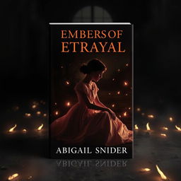 A dark historical fiction book cover titled 'Embers of Betrayal' featuring the silhouette of a girl sitting down gracefully, wearing a classic 1950s dress that flares delicately around her